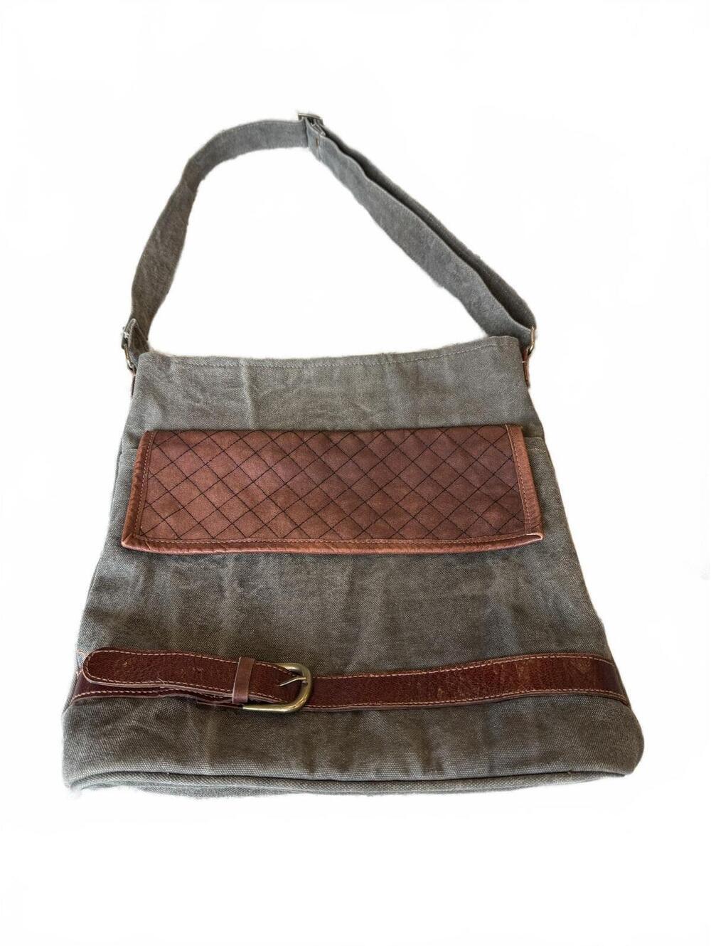 Mona B Repurposed Canvas Handbag Gray & Brown Tote Bag 13.5" x 13.5"